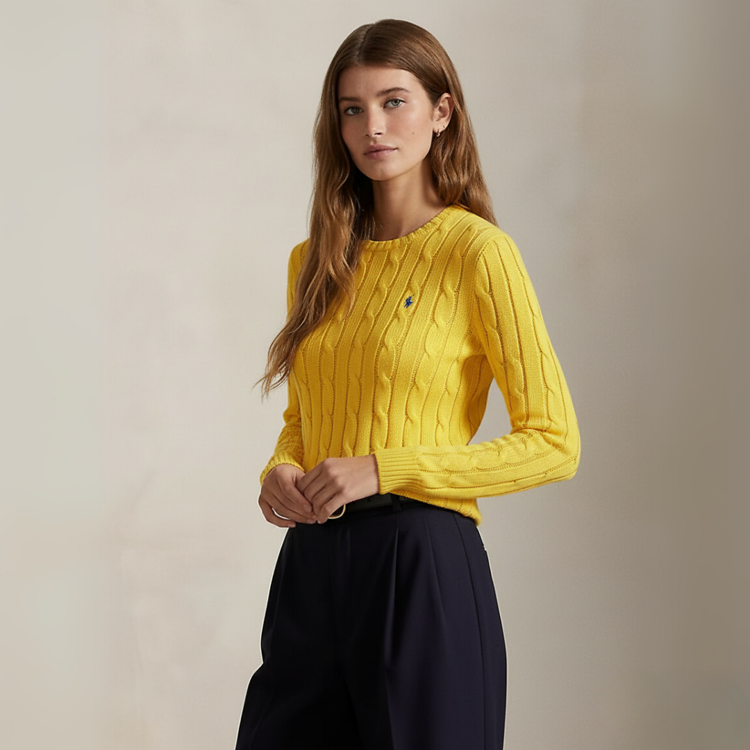 Zopfmuster-Baumwollpullover mit Rundhalsausschnitt