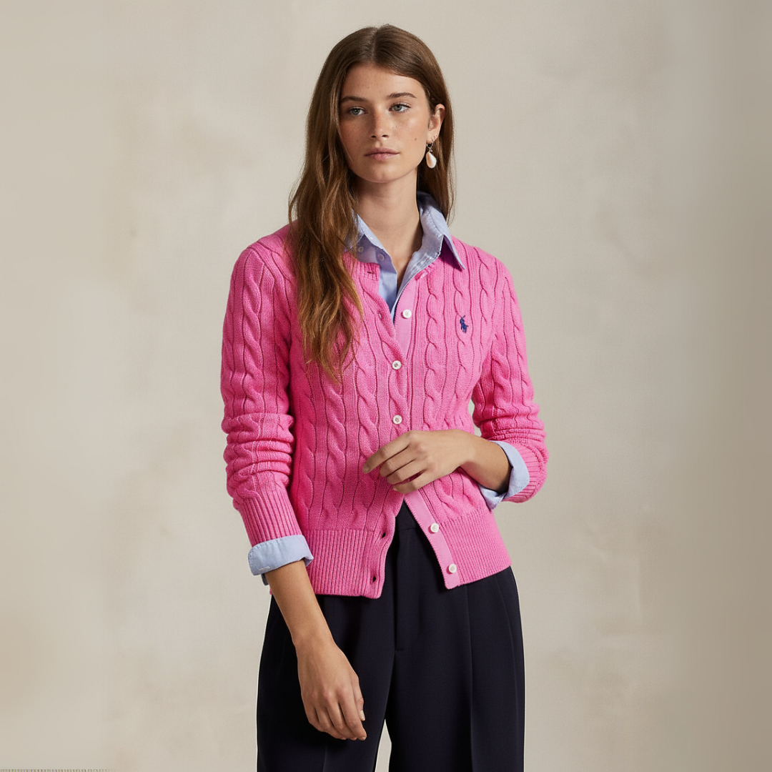 Zopfmuster-Baumwoll-Cardigan mit Rundhalsausschnitt