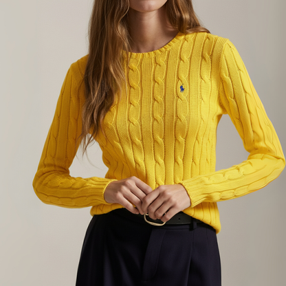 Zopfmuster-Baumwollpullover mit Rundhalsausschnitt