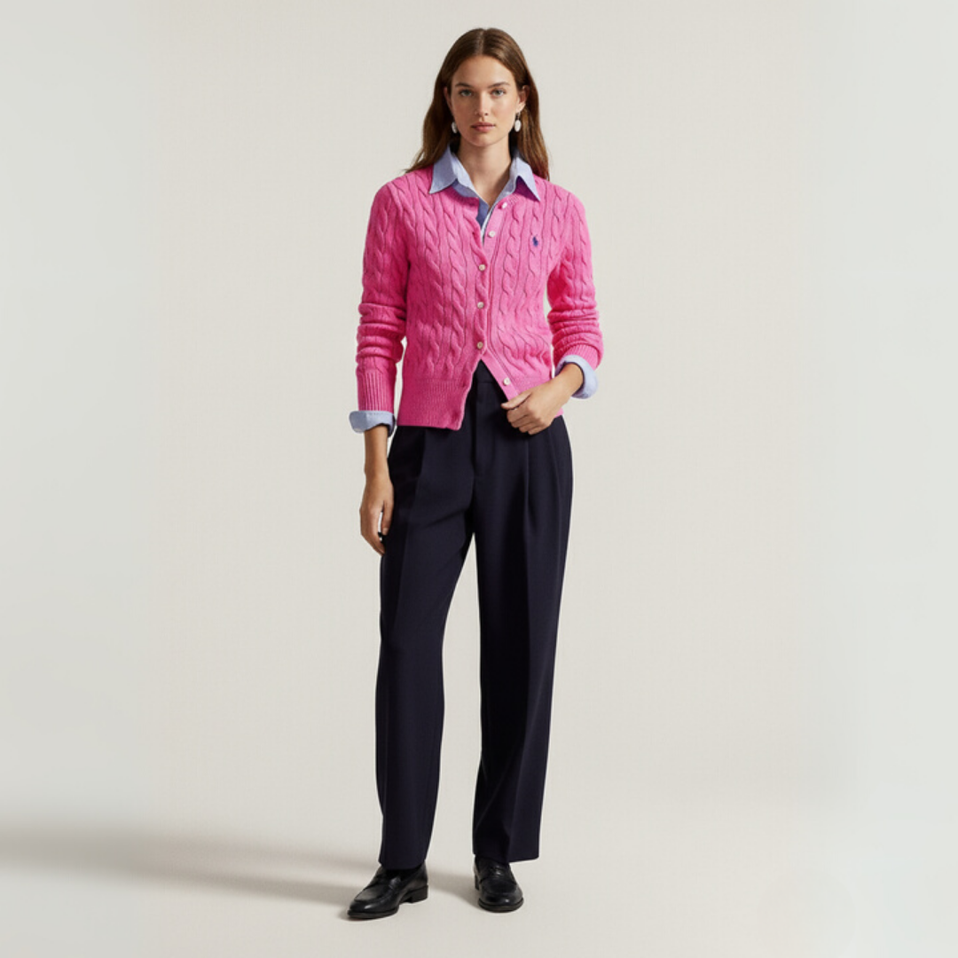 Zopfmuster-Baumwoll-Cardigan mit Rundhalsausschnitt