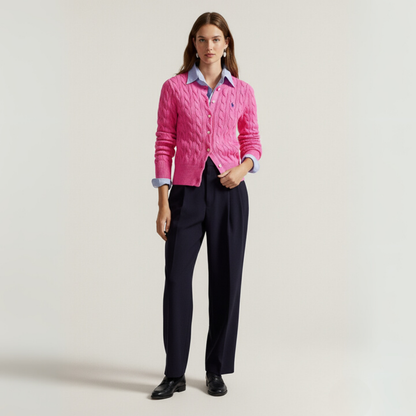 Zopfmuster-Baumwoll-Cardigan mit Rundhalsausschnitt