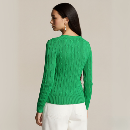 Zopfmuster-Baumwollpullover mit Rundhalsausschnitt