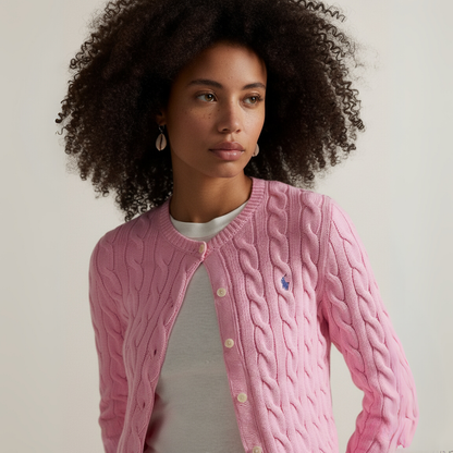 Zopfmuster-Baumwoll-Cardigan mit Rundhalsausschnitt