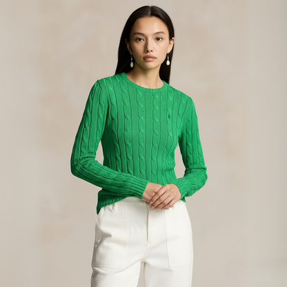 Zopfmuster-Baumwollpullover mit Rundhalsausschnitt