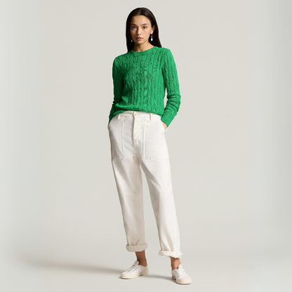 Zopfmuster-Baumwollpullover mit Rundhalsausschnitt