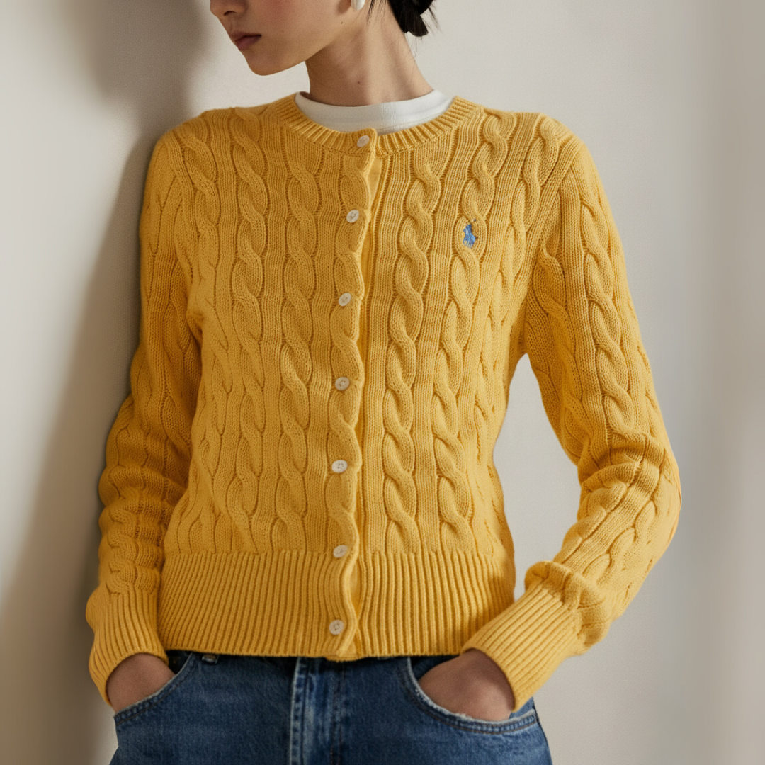 Zopfmuster-Baumwoll-Cardigan mit Rundhalsausschnitt