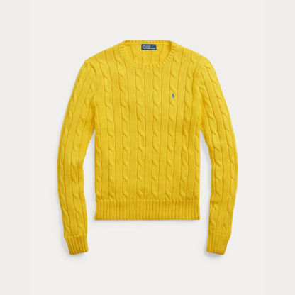 Zopfmuster-Baumwollpullover mit Rundhalsausschnitt