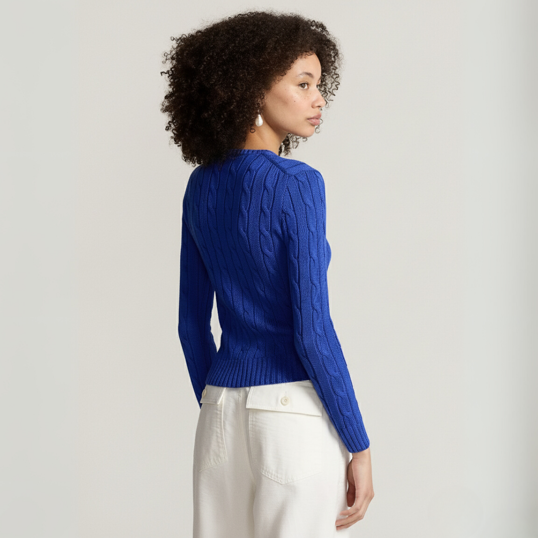 Zopfmuster-Baumwollpullover mit Rundhalsausschnitt