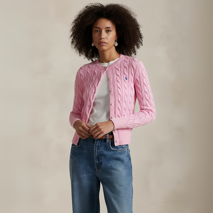 Zopfmuster-Baumwoll-Cardigan mit Rundhalsausschnitt