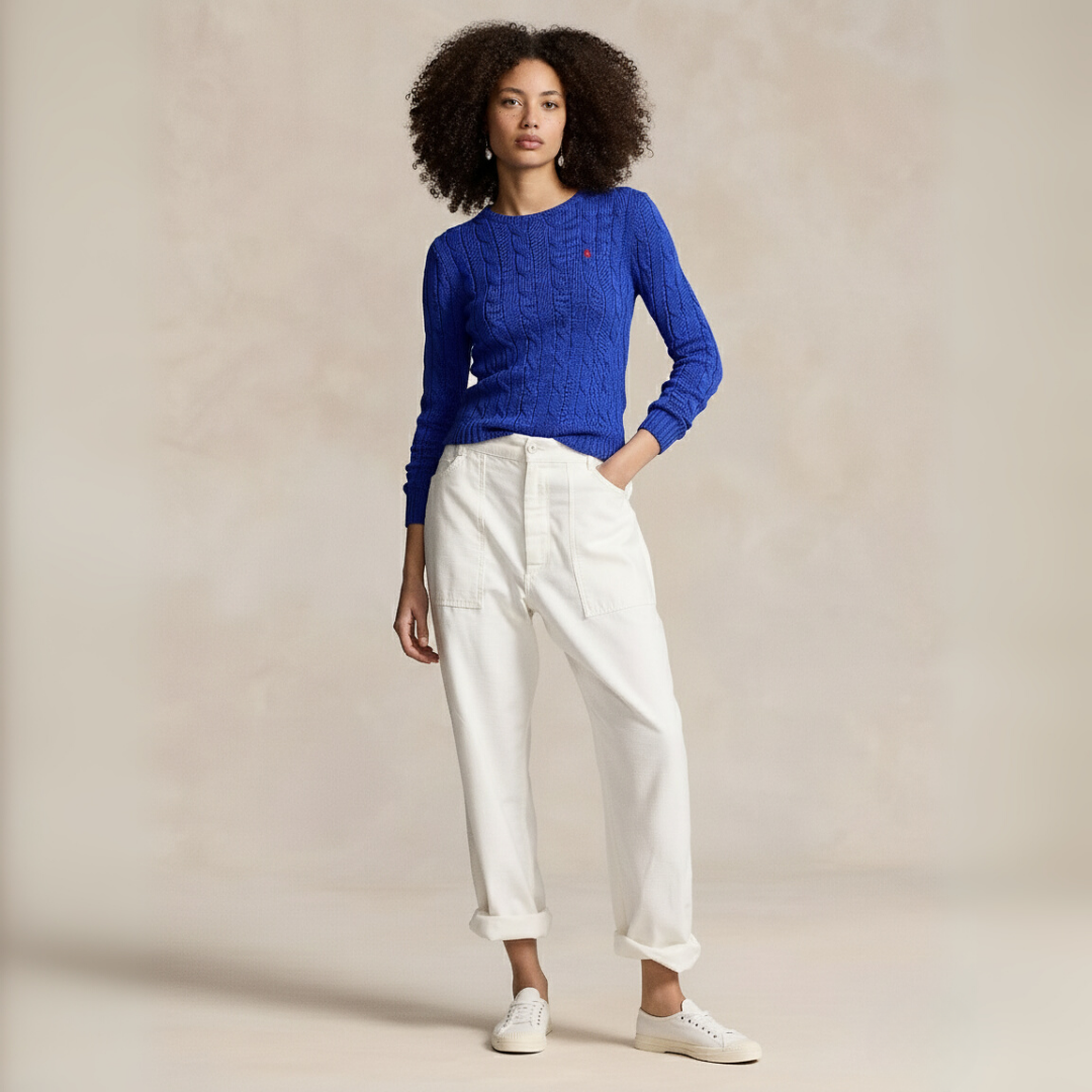 Zopfmuster-Baumwollpullover mit Rundhalsausschnitt