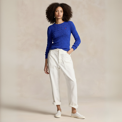 Zopfmuster-Baumwollpullover mit Rundhalsausschnitt