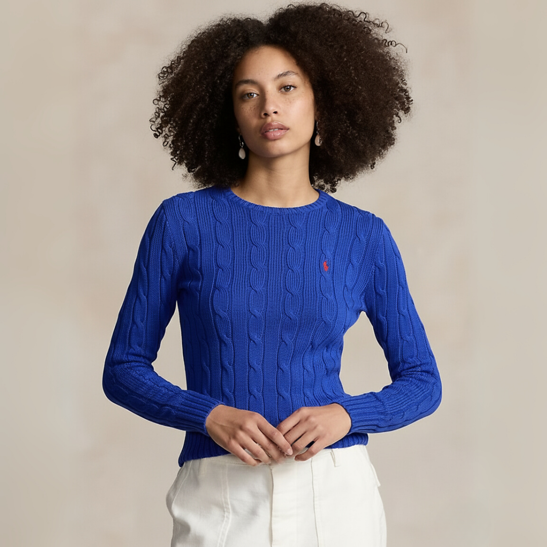 Zopfmuster-Baumwollpullover mit Rundhalsausschnitt