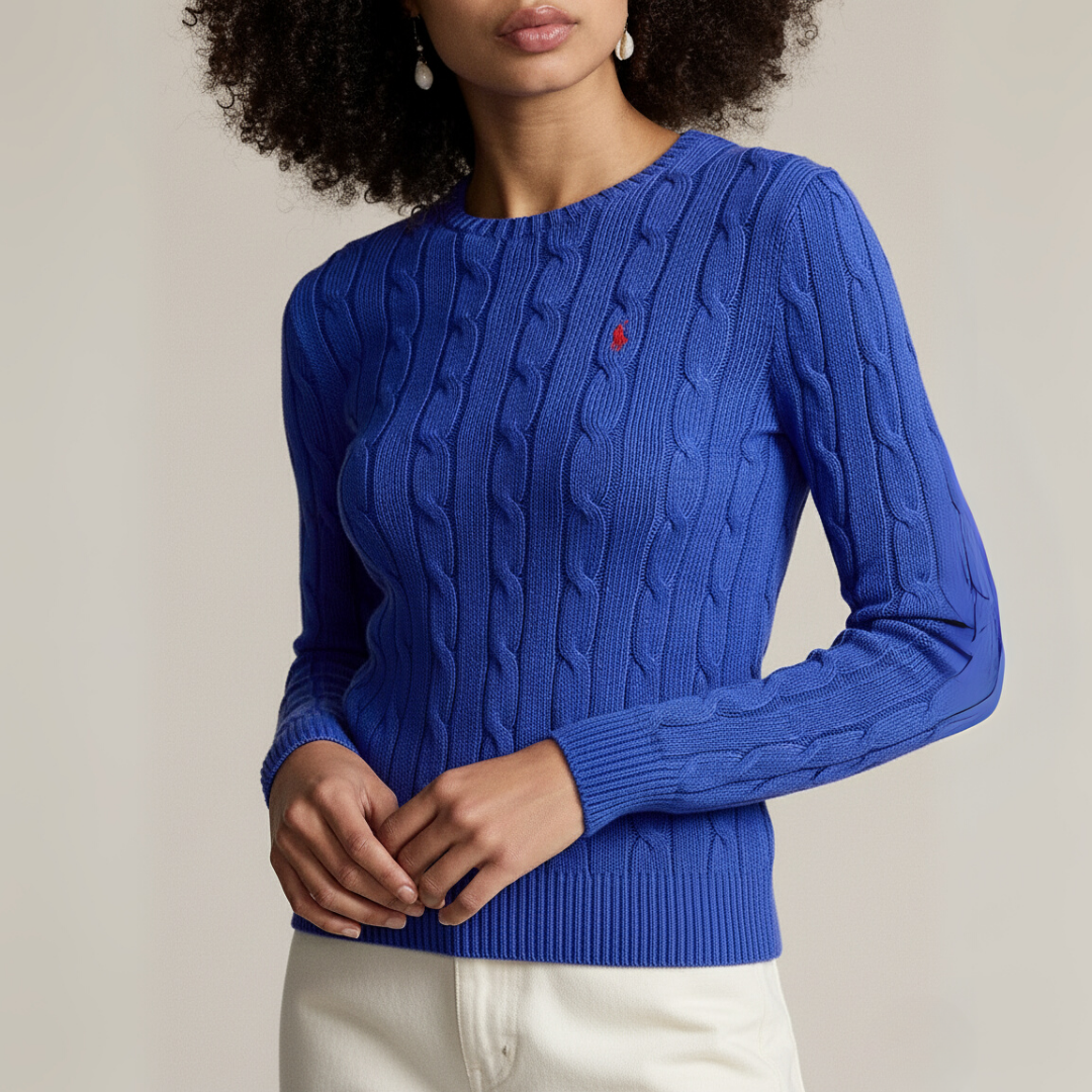 Zopfmuster-Baumwollpullover mit Rundhalsausschnitt