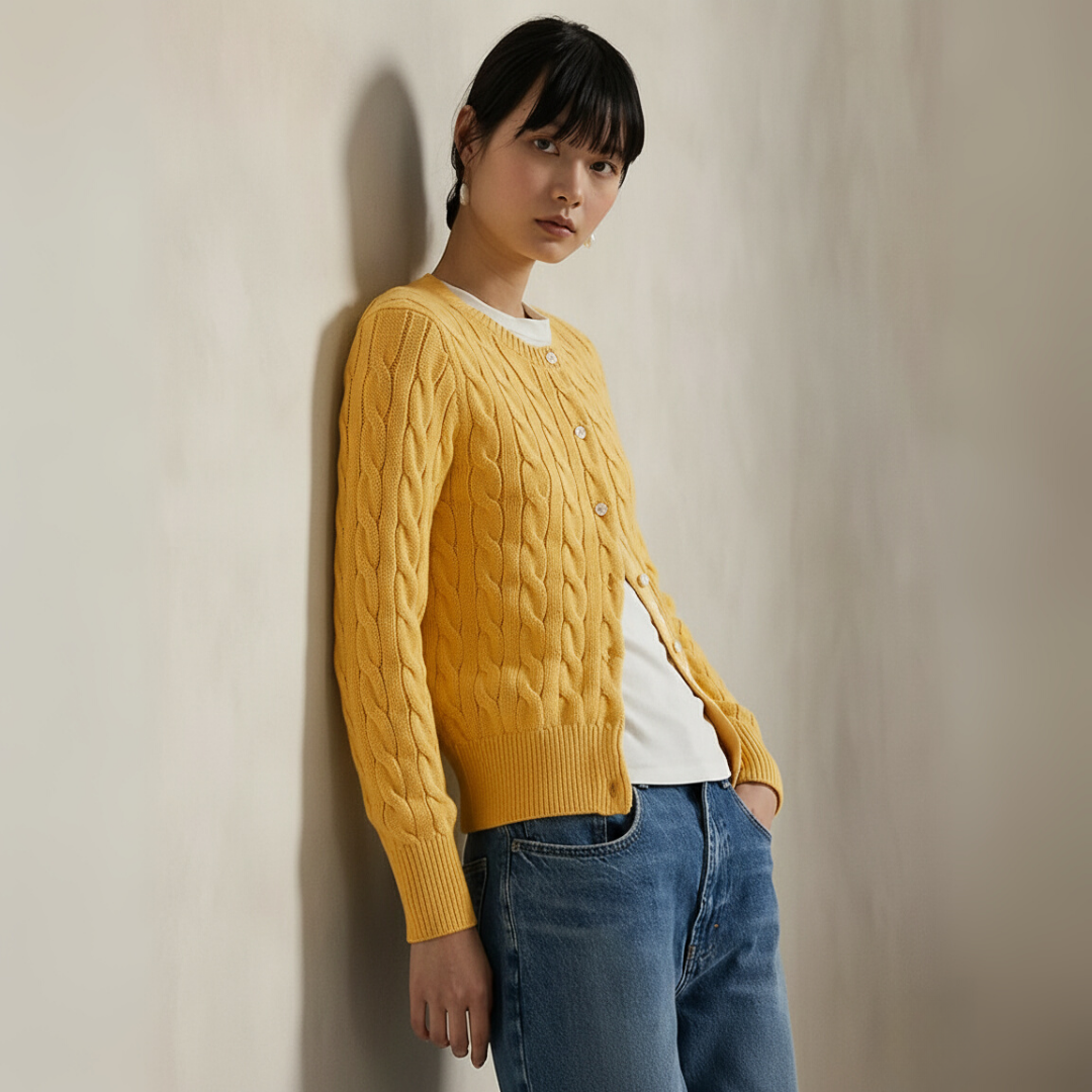 Zopfmuster-Baumwoll-Cardigan mit Rundhalsausschnitt