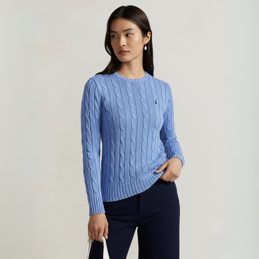 Zopfmuster-Baumwollpullover mit Rundhalsausschnitt