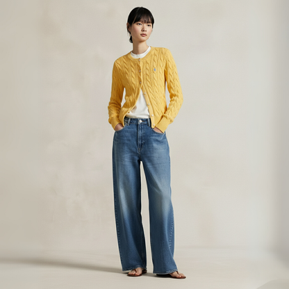 Zopfmuster-Baumwoll-Cardigan mit Rundhalsausschnitt