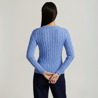 Zopfmuster-Baumwollpullover mit Rundhalsausschnitt