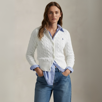 Zopfmuster-Baumwoll-Cardigan mit Rundhalsausschnitt