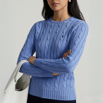 Zopfmuster-Baumwollpullover mit Rundhalsausschnitt