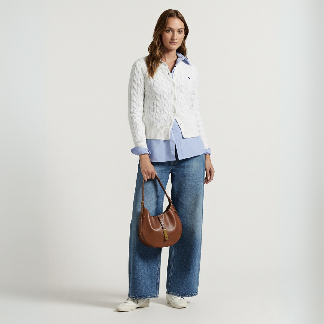 Zopfmuster-Baumwoll-Cardigan mit Rundhalsausschnitt