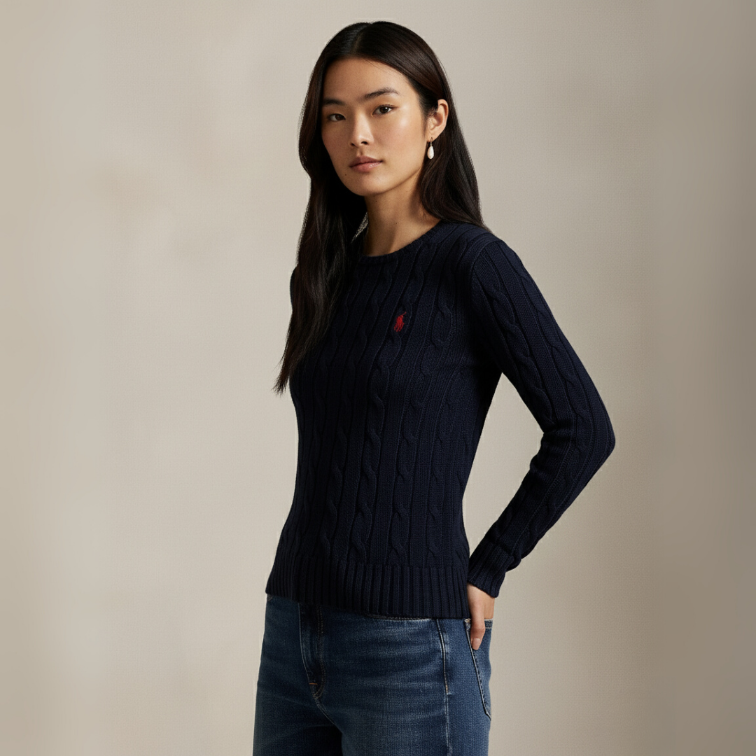 Zopfmuster-Baumwollpullover mit Rundhalsausschnitt