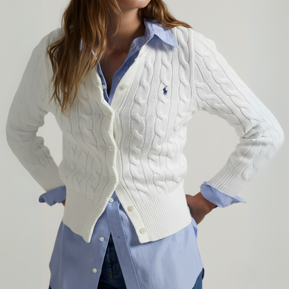 Zopfmuster-Baumwoll-Cardigan mit Rundhalsausschnitt