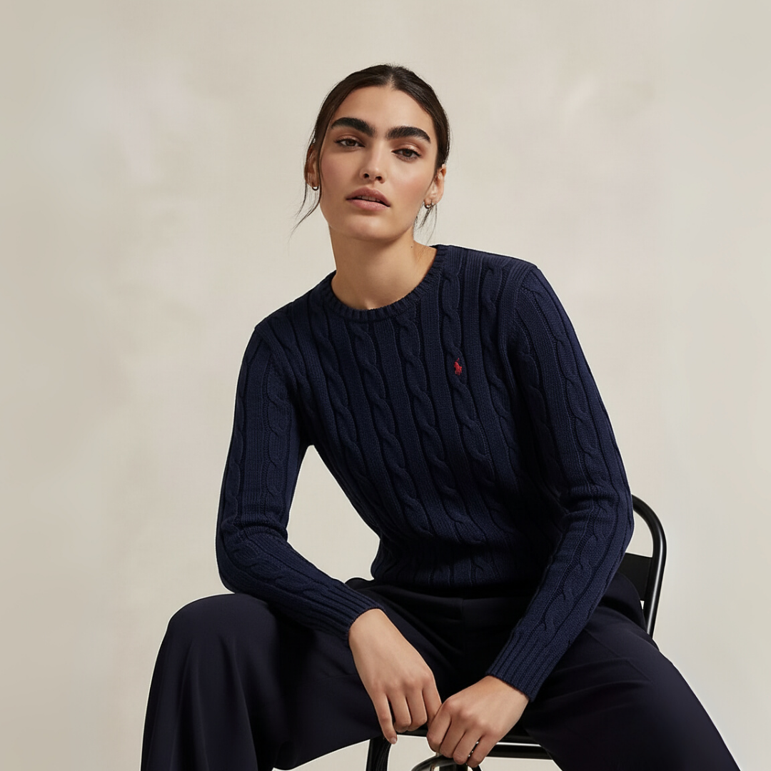 Zopfmuster-Baumwollpullover mit Rundhalsausschnitt