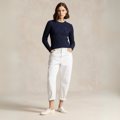 Zopfmuster-Baumwollpullover mit Rundhalsausschnitt