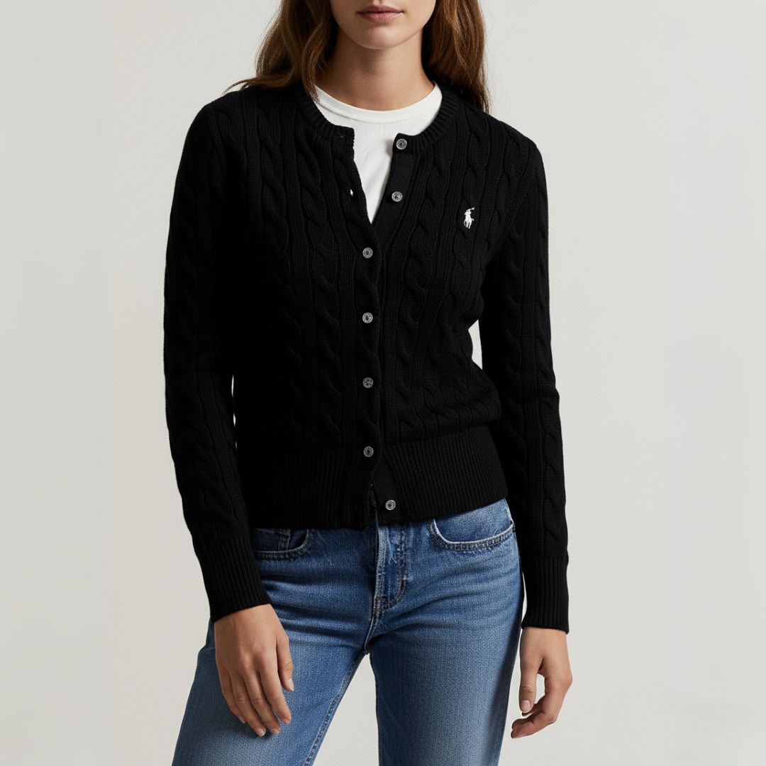 Zopfmuster-Baumwoll-Cardigan mit Rundhalsausschnitt