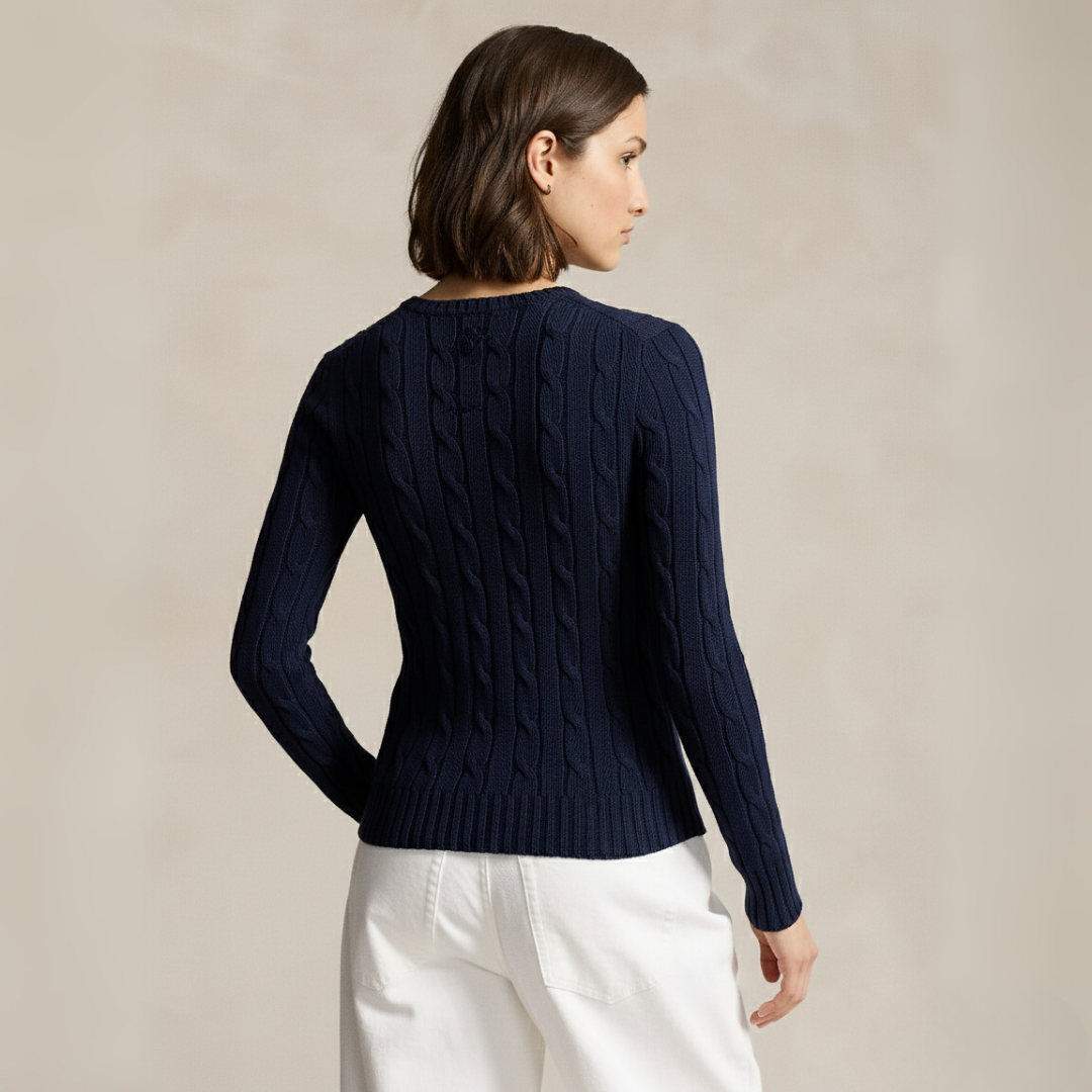 Zopfmuster-Baumwollpullover mit Rundhalsausschnitt