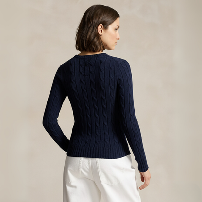 Zopfmuster-Baumwollpullover mit Rundhalsausschnitt