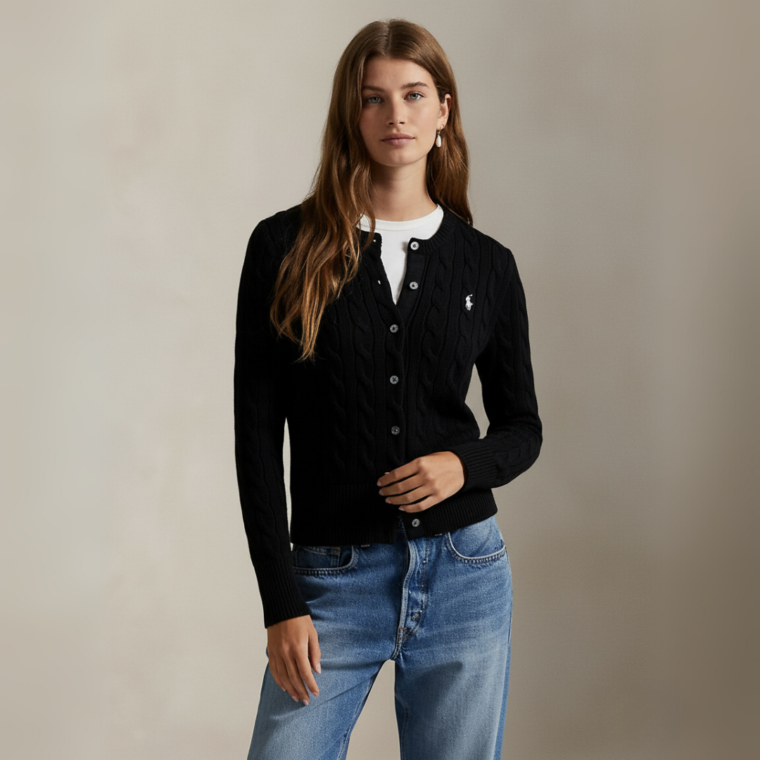 Zopfmuster-Baumwoll-Cardigan mit Rundhalsausschnitt