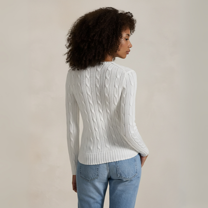 Zopfmuster-Baumwollpullover mit Rundhalsausschnitt