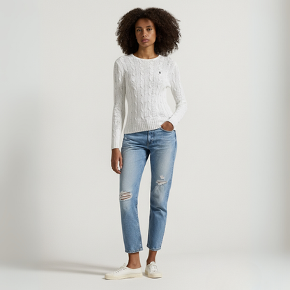 Zopfmuster-Baumwollpullover mit Rundhalsausschnitt