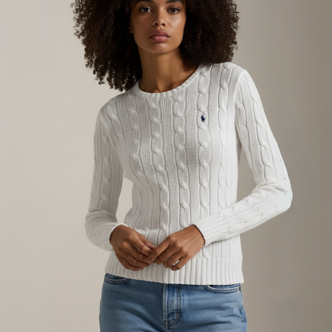 Zopfmuster-Baumwollpullover mit Rundhalsausschnitt