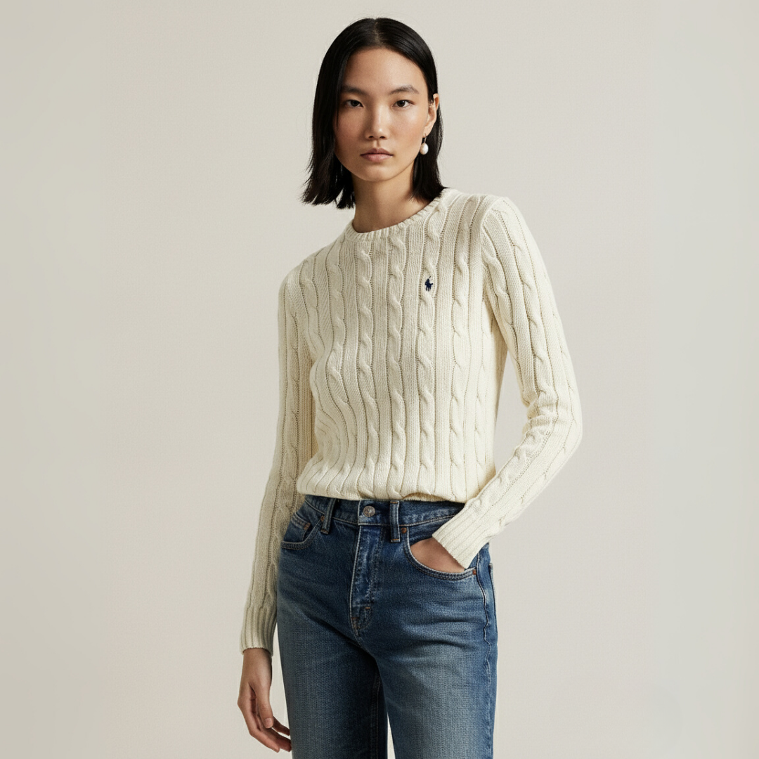 Zopfmuster-Baumwollpullover mit Rundhalsausschnitt