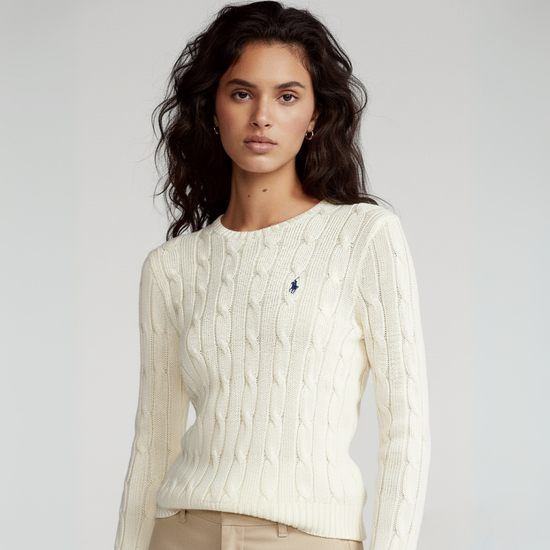 Zopfmuster-Baumwollpullover mit Rundhalsausschnitt