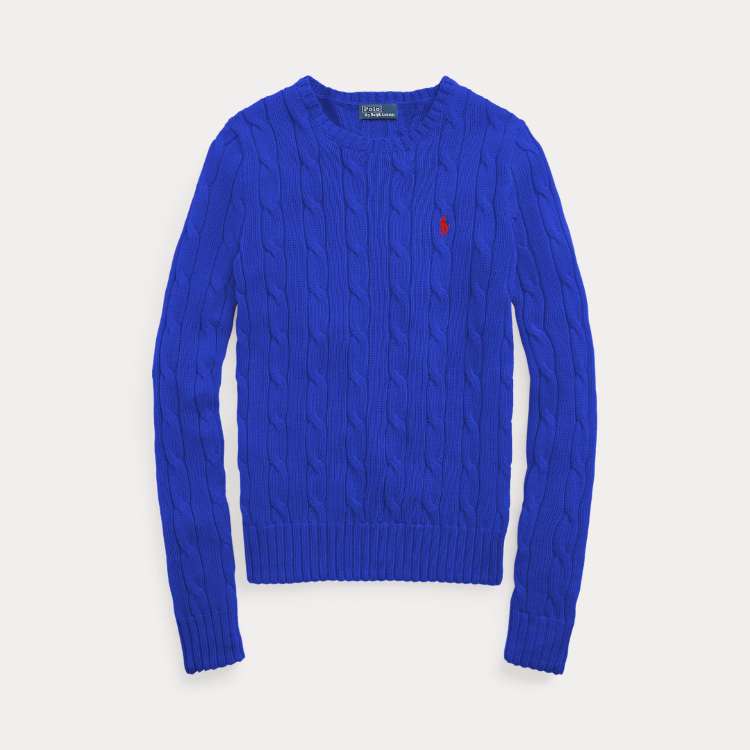 Zopfmuster-Baumwollpullover mit Rundhalsausschnitt