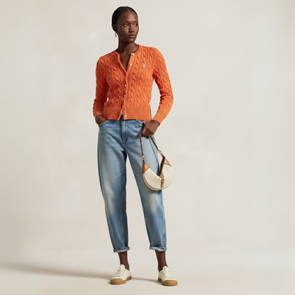 Zopfmuster-Baumwoll-Cardigan mit Rundhalsausschnitt