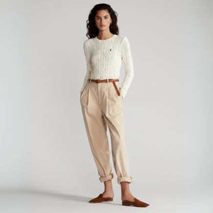 Zopfmuster-Baumwollpullover mit Rundhalsausschnitt