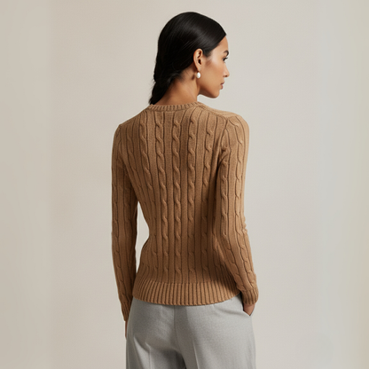 Zopfmuster-Baumwollpullover mit Rundhalsausschnitt