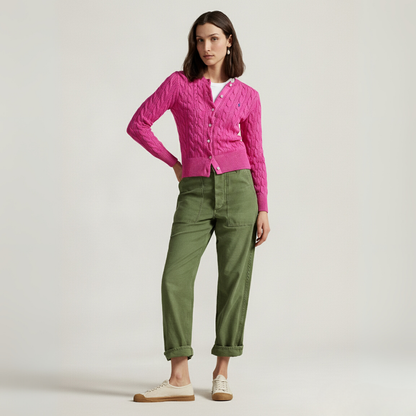 Zopfmuster-Baumwoll-Cardigan mit Rundhalsausschnitt