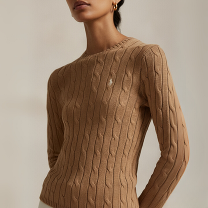 Zopfmuster-Baumwollpullover mit Rundhalsausschnitt