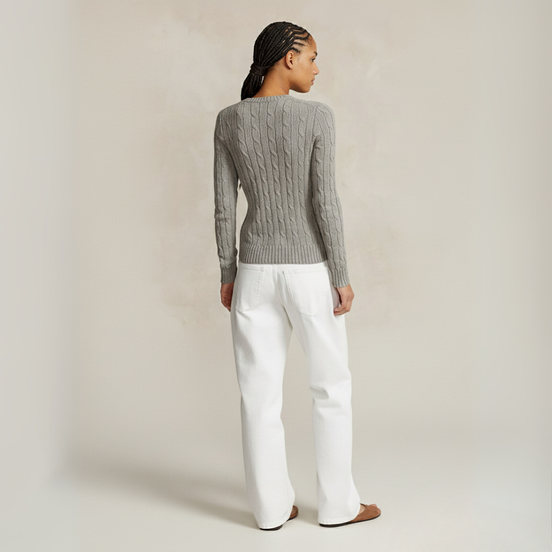 Zopfmuster-Baumwollpullover mit Rundhalsausschnitt