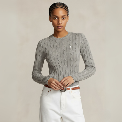 Zopfmuster-Baumwollpullover mit Rundhalsausschnitt