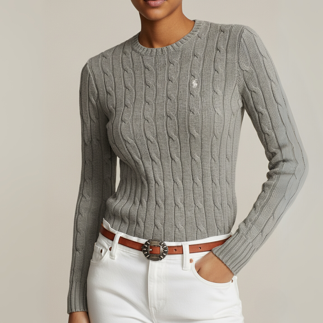 Zopfmuster-Baumwollpullover mit Rundhalsausschnitt