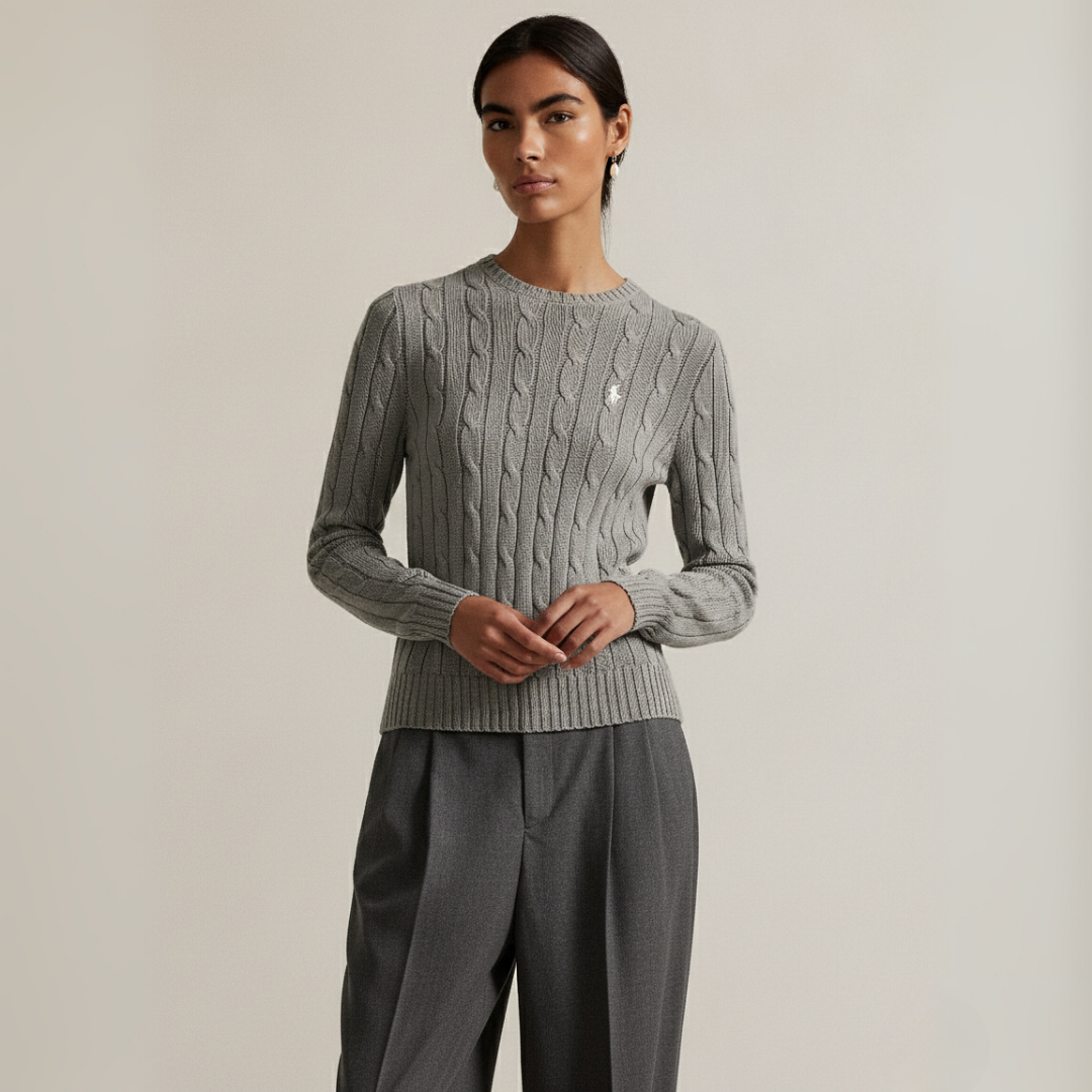 Zopfmuster-Baumwollpullover mit Rundhalsausschnitt