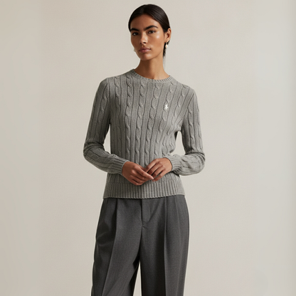 Zopfmuster-Baumwollpullover mit Rundhalsausschnitt