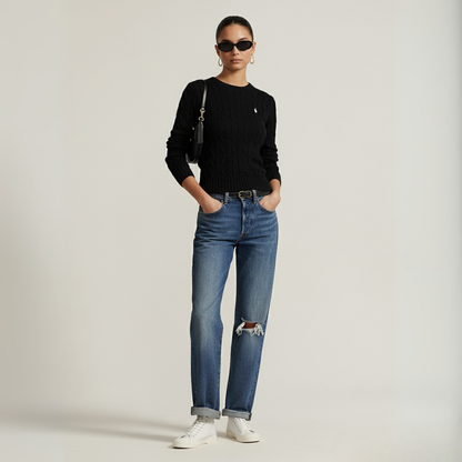 Zopfmuster-Baumwollpullover mit Rundhalsausschnitt