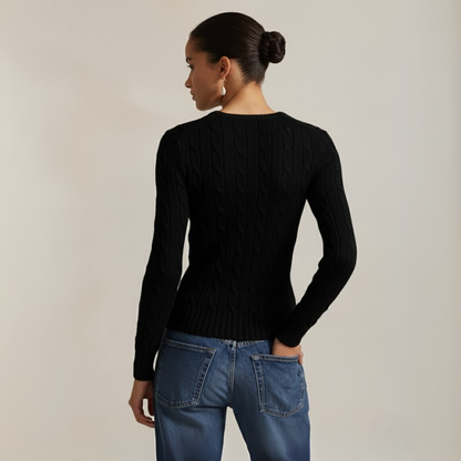 Zopfmuster-Baumwollpullover mit Rundhalsausschnitt